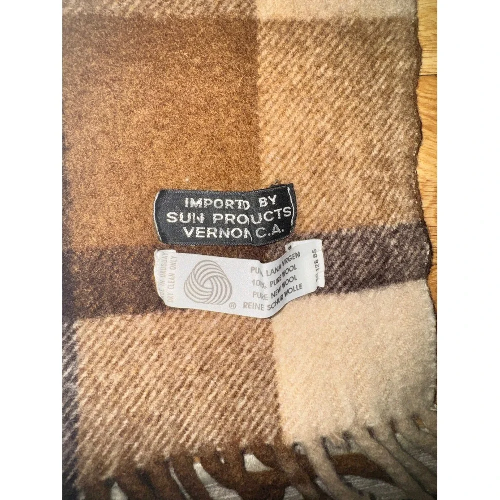 Vintage Pure Wool Plaid Throw Blanket Brown Tan Fringed Uruguay 54
